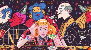 illustration of a woman at a bar one new years eve by herself with couples surrounding her