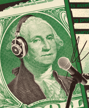 Illustration of $1 bill with headphones and microphone