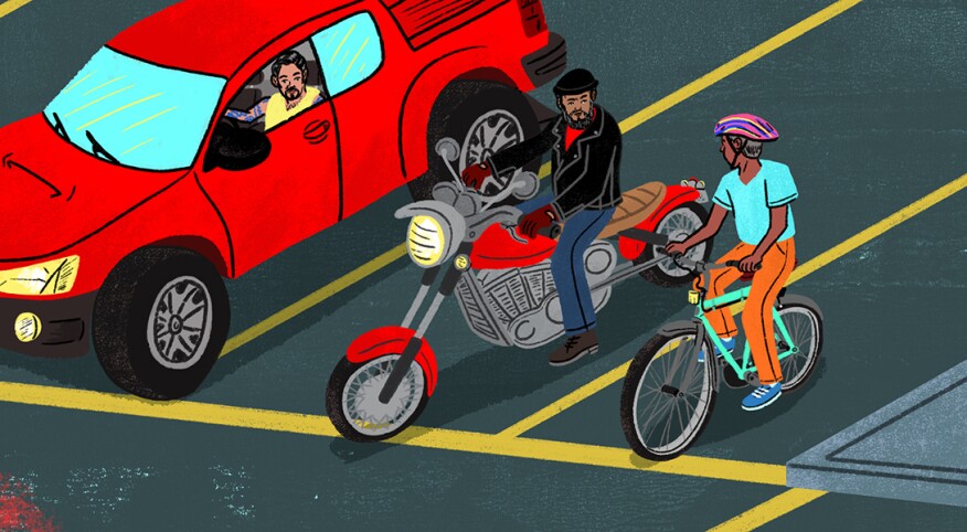 illustration of men in car and on a motorcycle and on a bike stopped at a red light