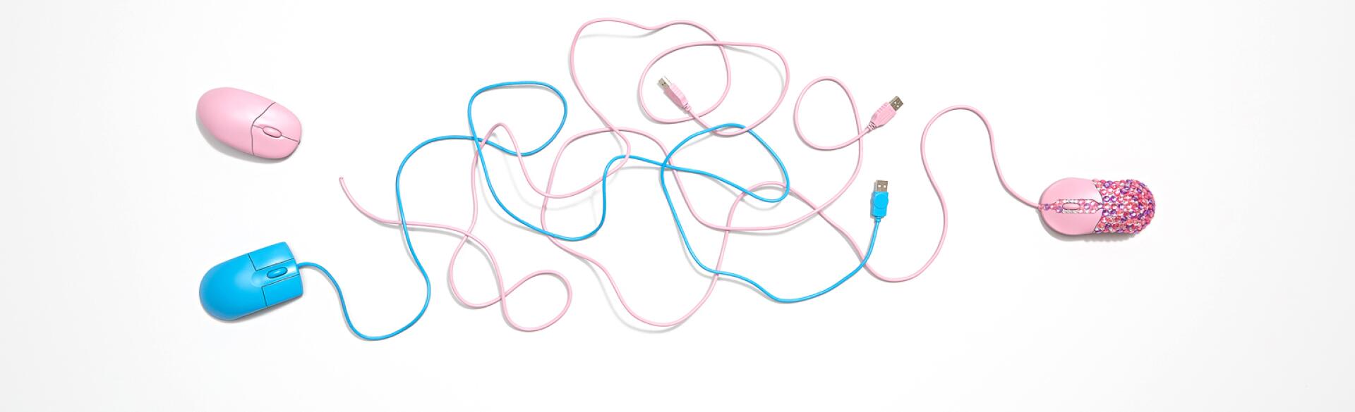 three computer mouse, two are pink one is blue showing why married men flirt online