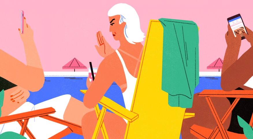 illustration of women sitting at the beach one lady ranting the others on their phones