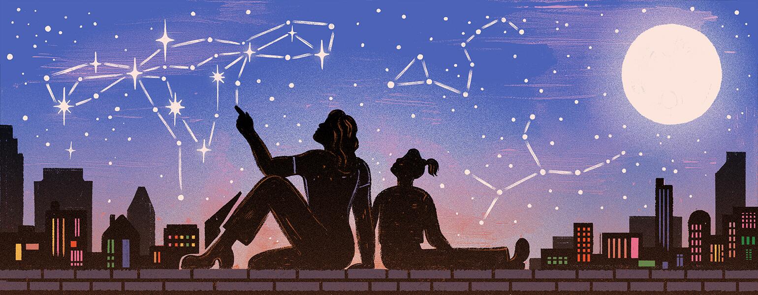 illustration of mother and daughter looking at uterus constellation at night