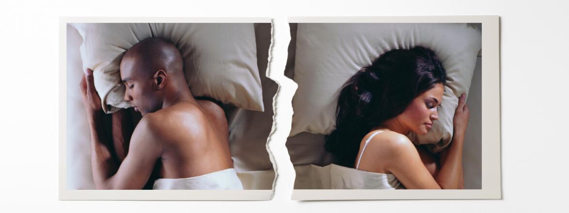 A photo of a man and a woman sleeping in bed with their backs turned to one another. The photo has been torn in half, indicating their separate beds.