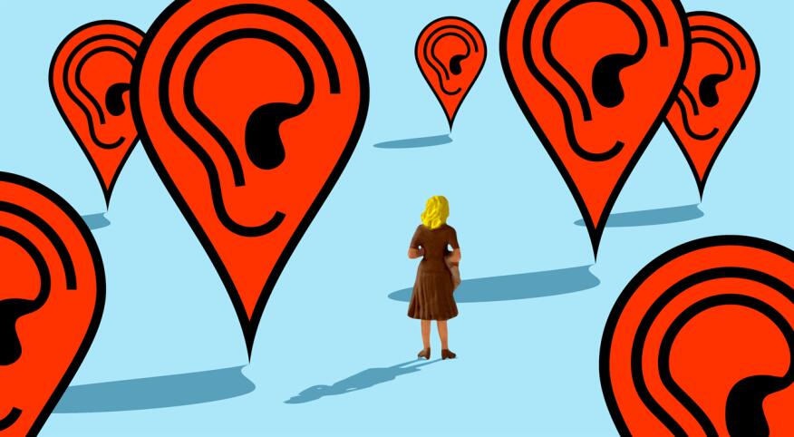 illustration of woman standing surrounded by location pins with ears, hearing aids