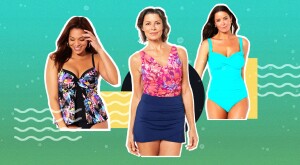 photo collage of 3 females wearing swim suits, swimwear, bathing suits