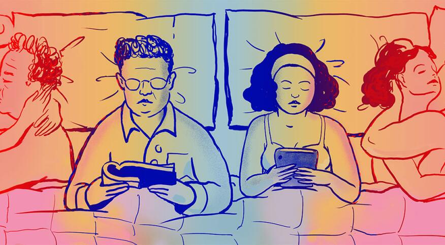 A husband and wife in an open marriage lay side by side in bed, reading. To either side are depictions of them being intimate with other people.