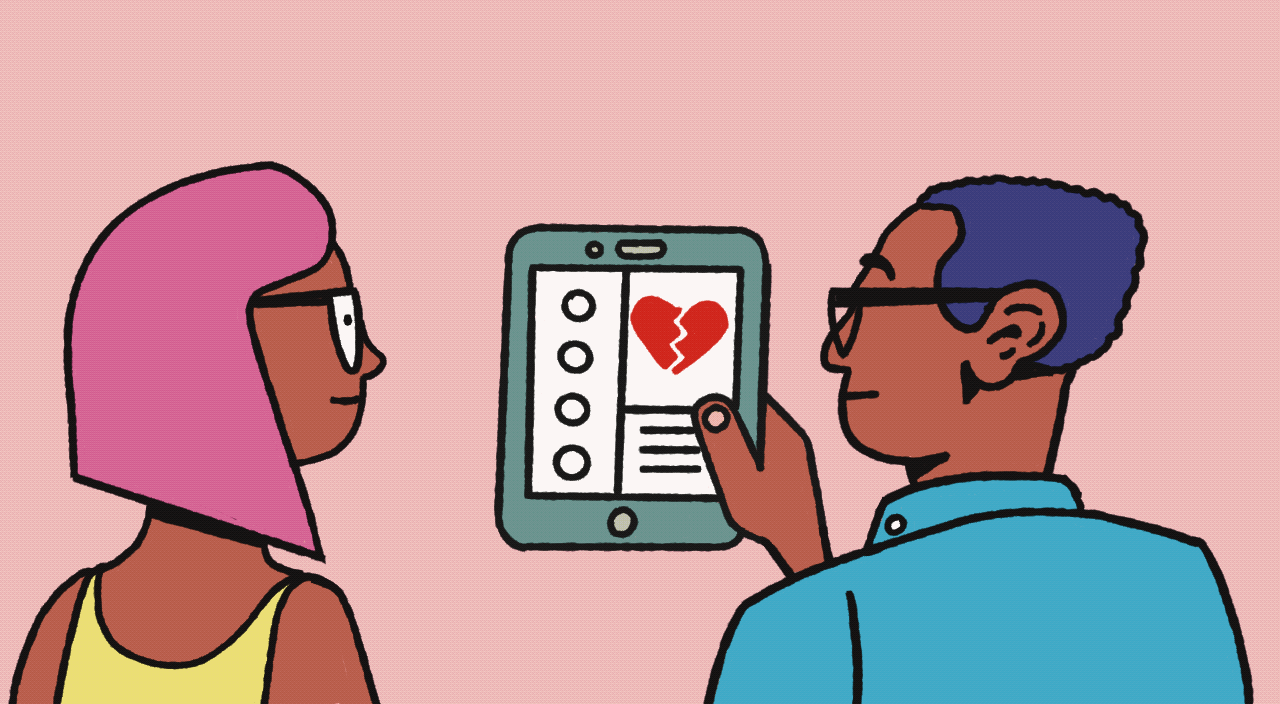 gif of man and woman looking at tablet, relationships, love