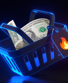 photo collage of one dollar bill in neon shopping basket with flame on tag