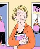 illustration of senior woman holding book walking past rooms with seniors watching a movie and playing instruments