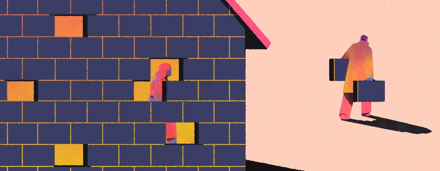 illustration of man leaving the house as woman looks from window of the house by chiara ghigliazza