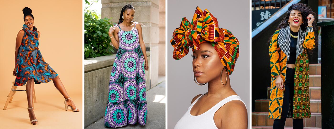 collage of women wearing different wax prints as dresses, head wrap, and a coat