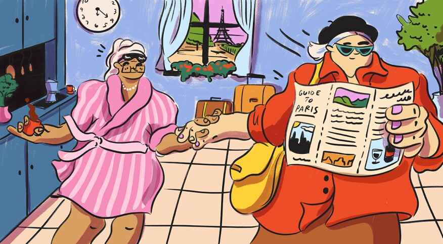 illustration of two ladies making travel plans in Paris