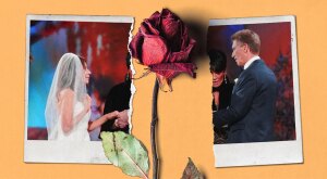 photo illustration of a torn wedding photo with a dead rose