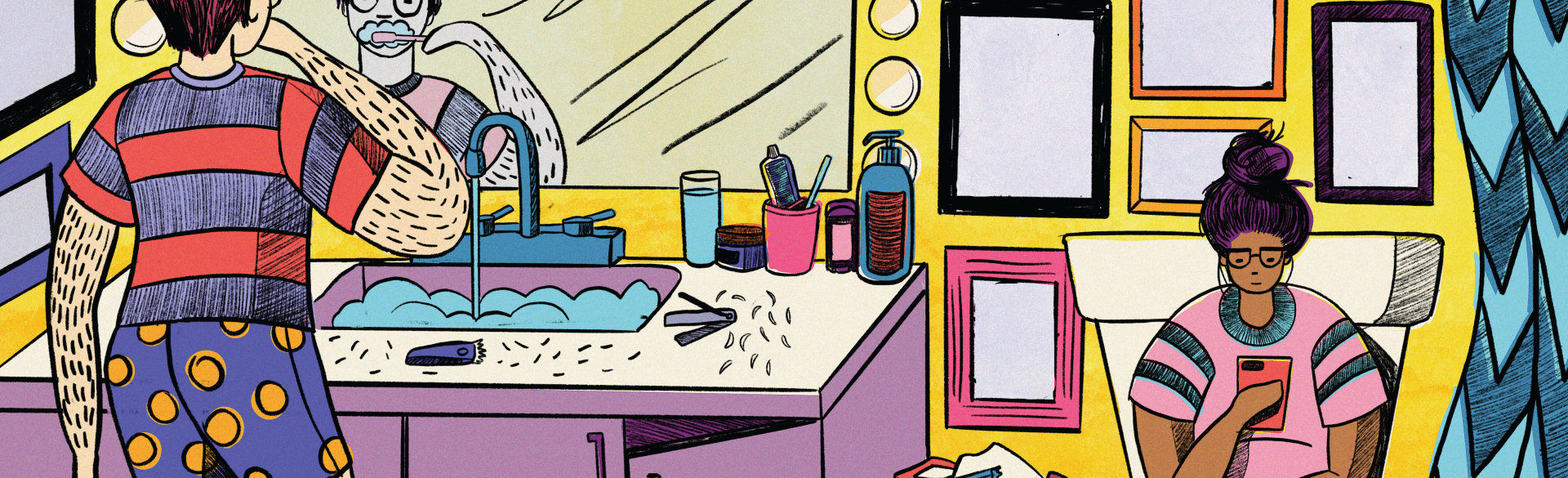 illustration of man brushing his teeth in the mirror while woman is using the toilet