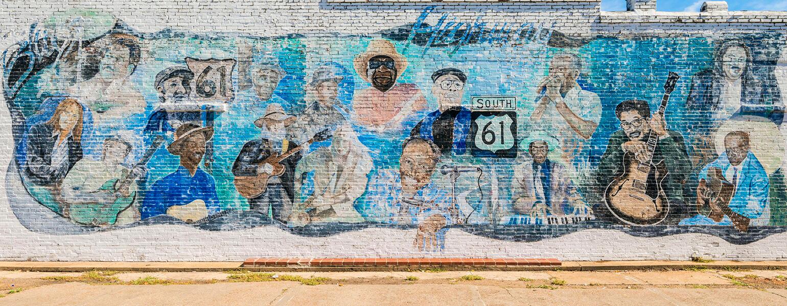 United States, Mississippi, Leland, mural about Highway 61, the Blues Highway,