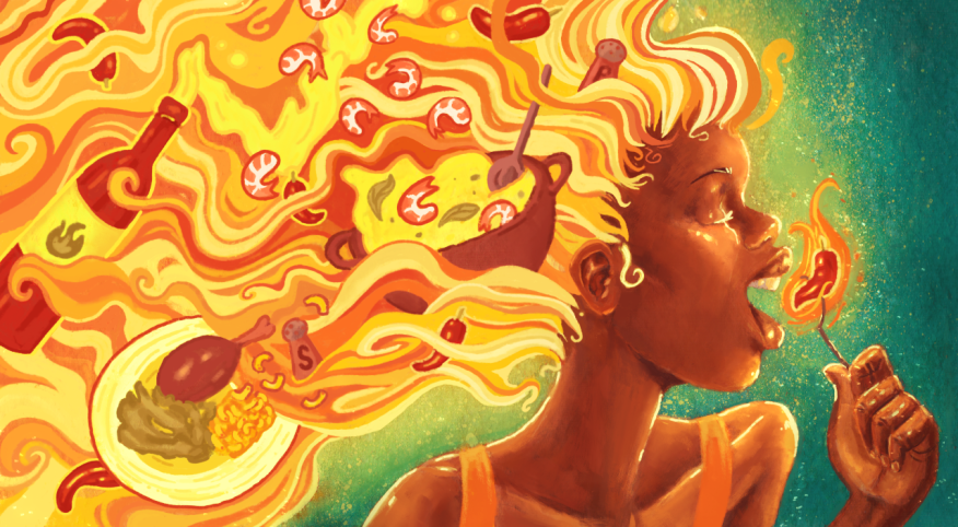 woman holding chili pepper, hair on fire, spicy dishes in hair, illustration