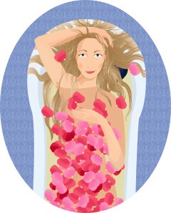 Blonde woman taking a bath with rose petals