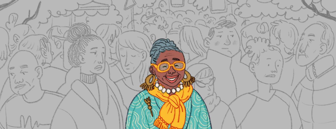 A graphic of a smiling woman in a crowd who does not notice her.