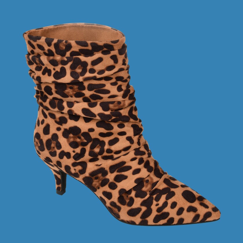 Leopard slouch bootie with kitten heel on white background