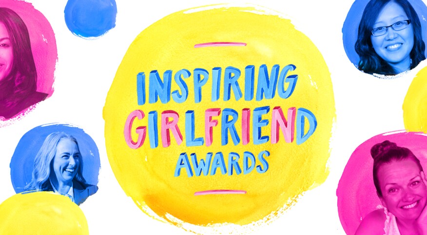 photo collage of watercolor dots and images of women, inspiring girlfriend awards