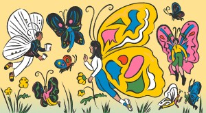 illustration of female butterfly surrounded by other human butterflies, social butterfly