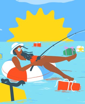 illustration_of_woman_floating_on_lake_fishing_for_gifts_summer_freebies_by_Alice_Mollon_1440x560