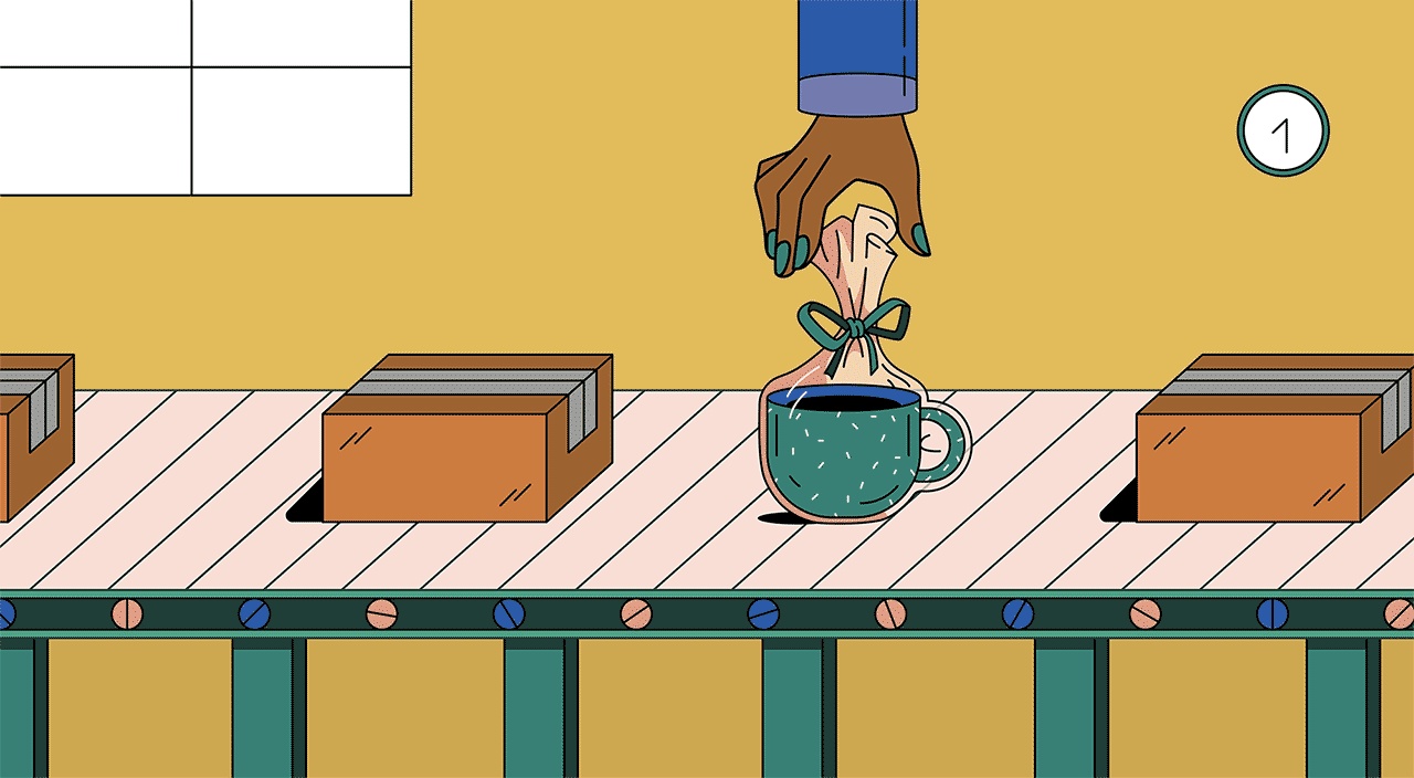 gif of hand reaching down to pick up gifts from conveyor belt
