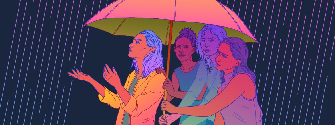 illustration of friends sheltering friend with umbrella from the storm
