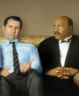 Collage of sitcom dads from old TV shows sitting on a couch