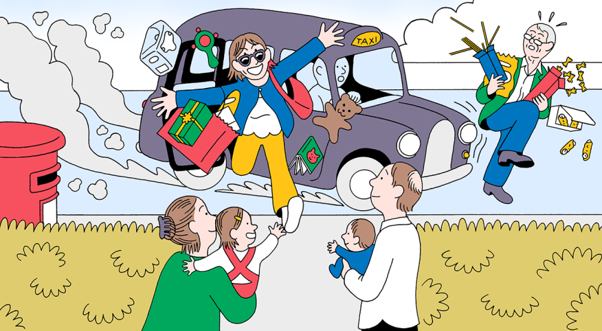 illustration of grandmother competing against ex-husband for attention of grandchildren