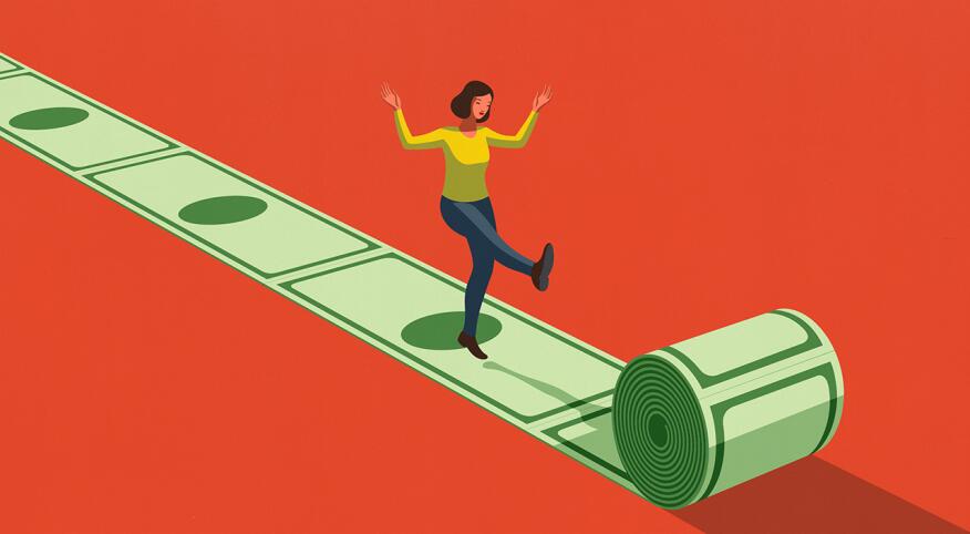 illustration of woman walking on rolled out dollar bills, insurance, long-term care