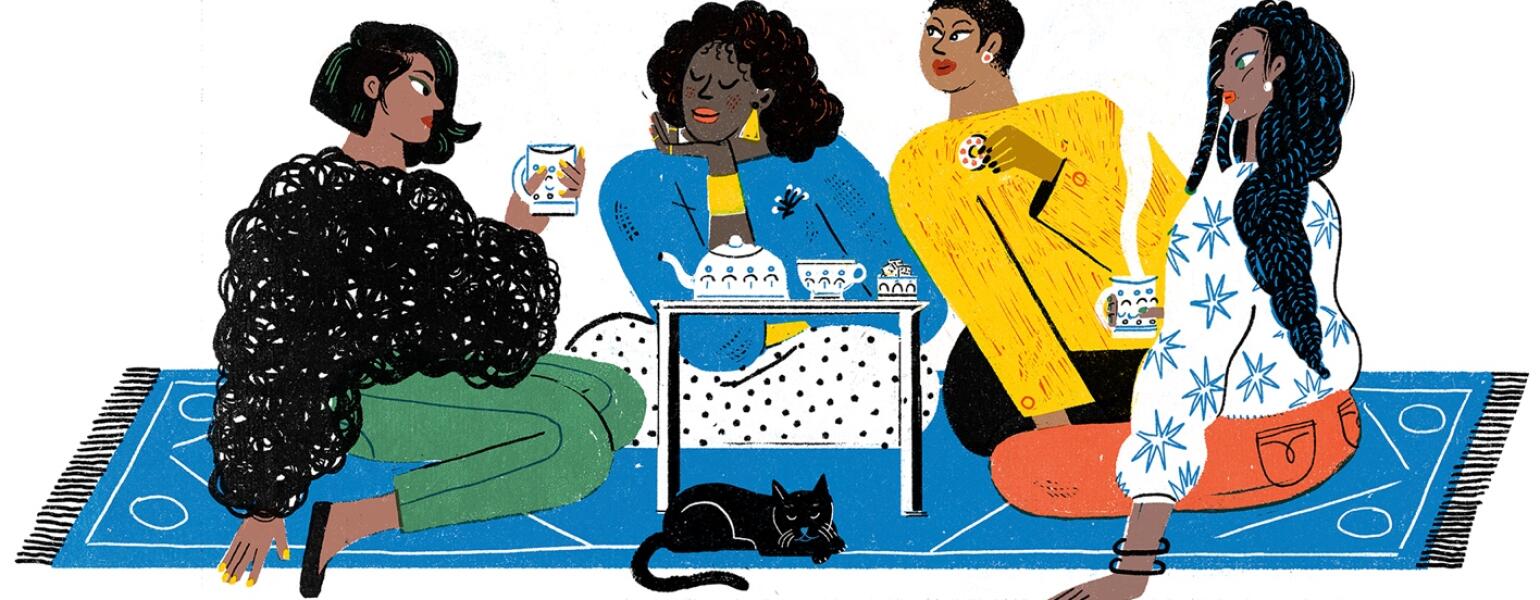 A drawing of a group of four sisters, sitting around a small coffee table.