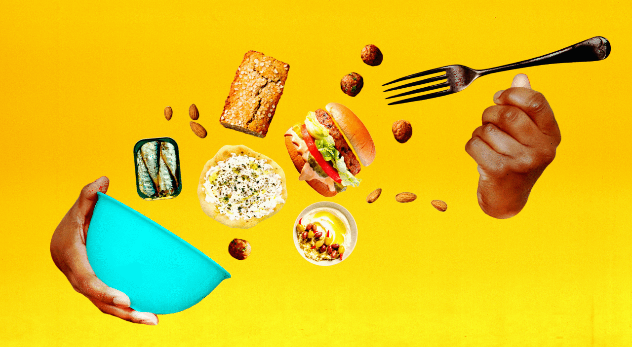 Collage with foods, hands and a bowl on a yellow background color
