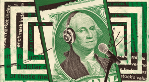 Illustration of $1 bill with headphones and microphone