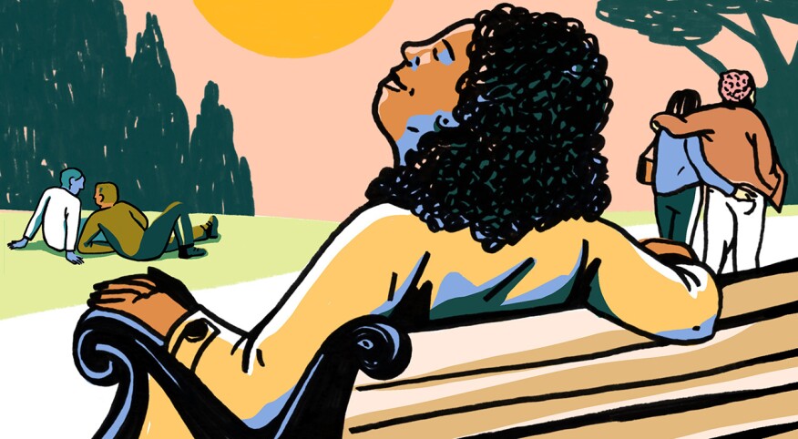 illustration of woman sitting on bench and couples together at park