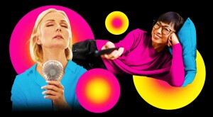photo collage of a woman fanning herself and a woman holding tv remote