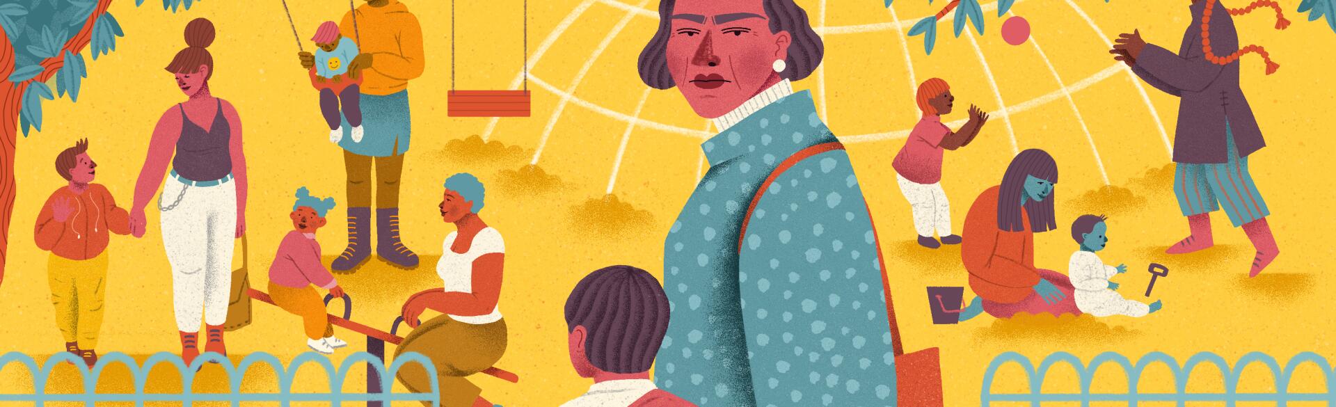illustration of older mother at a playground with her child and other children and adults