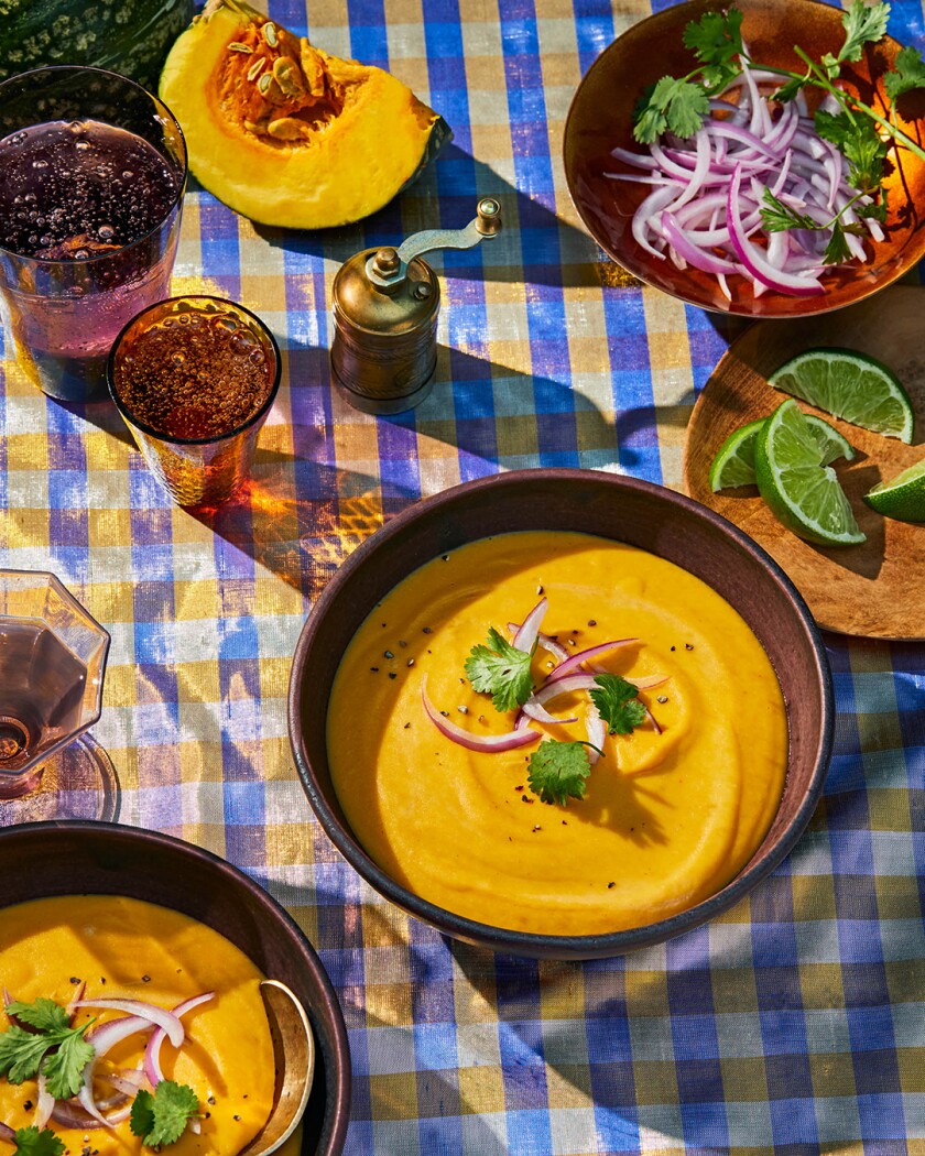 Soup styled on table with autumn decor