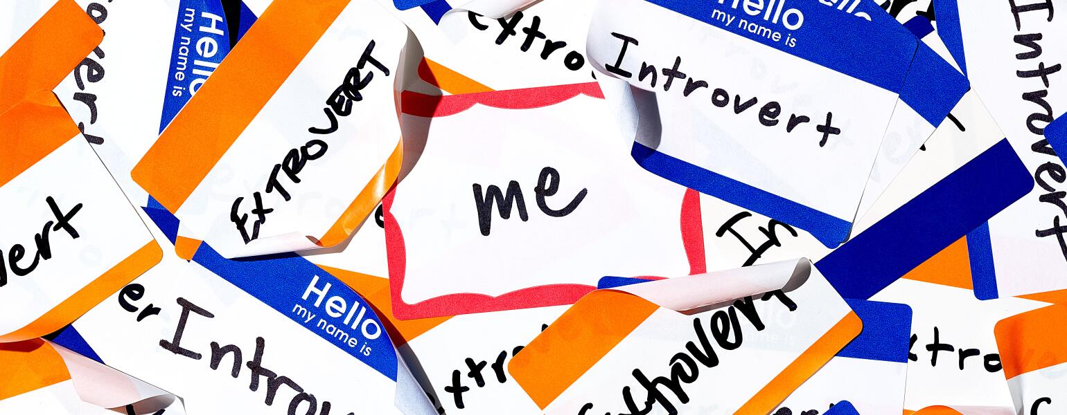 Labels with introvert, extrovert written on them with a red label in the middle with me written on it.