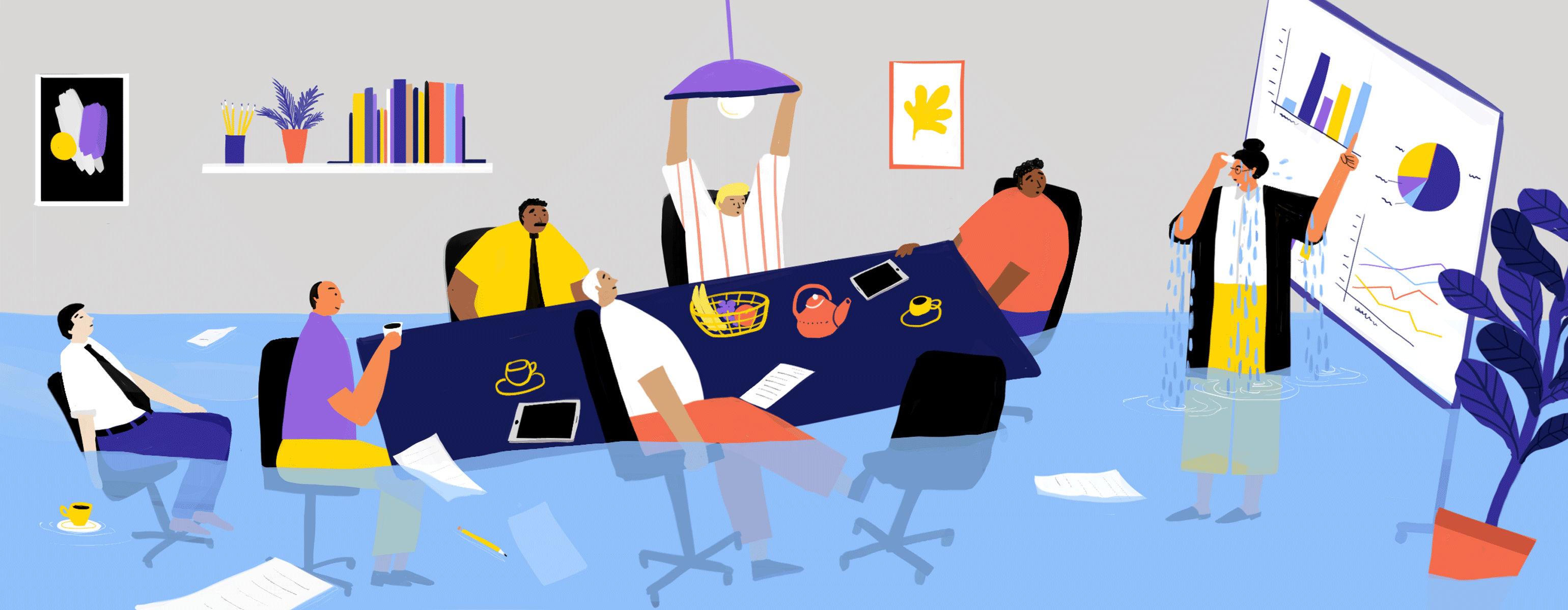 An animated graphic of a woman going through menopause sweating during a meeting.