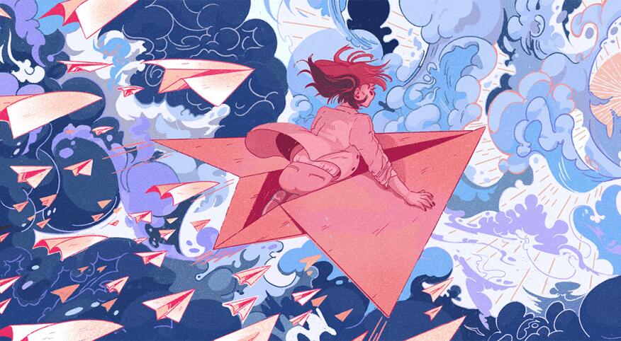 Illustration of woman flying on paper airplane