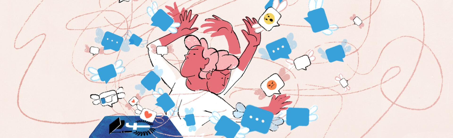 illustration of woman dealing with university parents forums on facebook