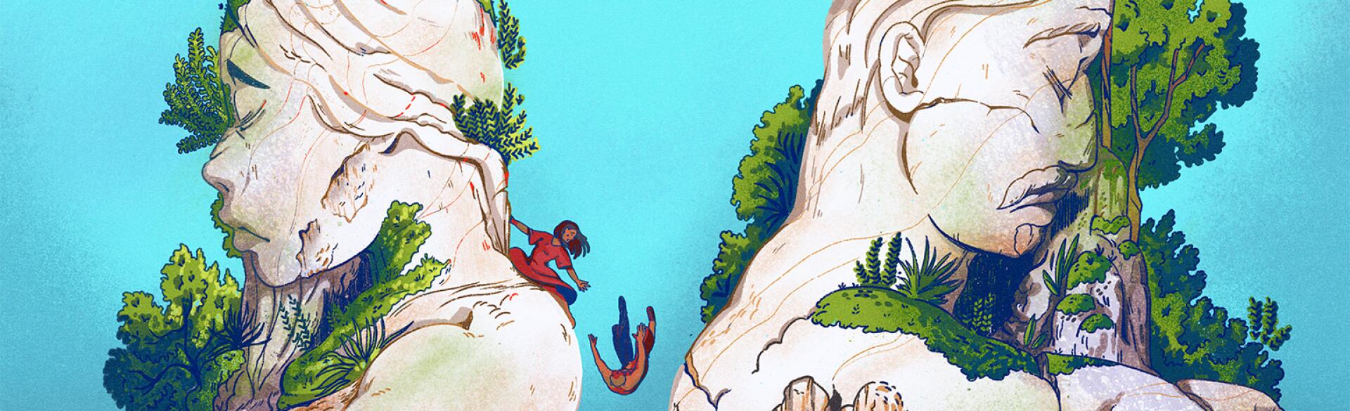 Illustration of a lady trying to reach out to a man who slipped off a mountain