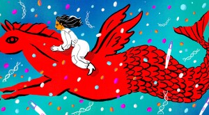illustration of a woman riding on a mythical creature surrounded by pregnancy tests and dna