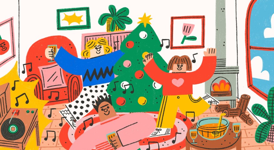 illustration of family sitting up christmas tree while singing and dancing along to music