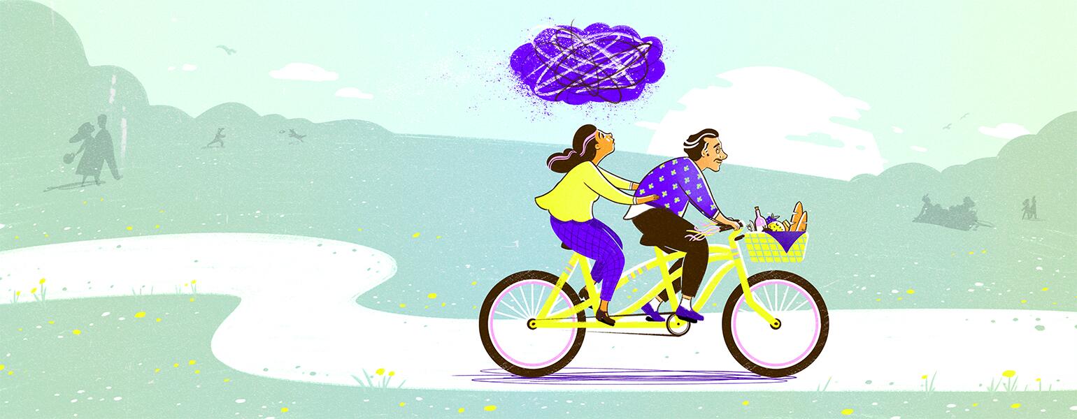 illustration of couple riding a bike with cloud of anxiety over the female by tara jacoby