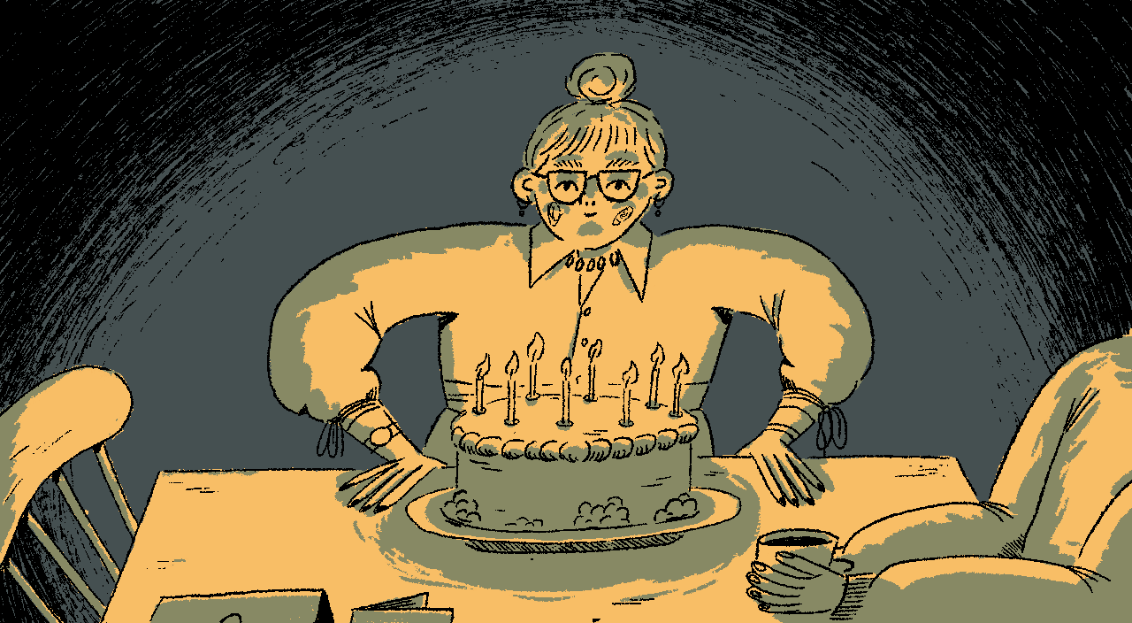 Illustrated animation of woman blowing out candles on birthday cake