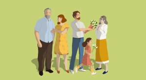 illustration of couple with in-laws and daughter