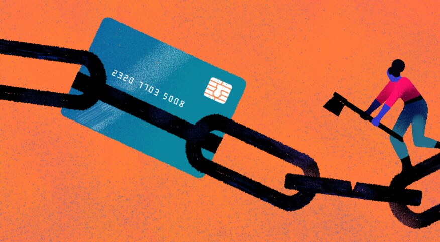 illustration of lady cutting off credit card debt by chiara ghigliazza