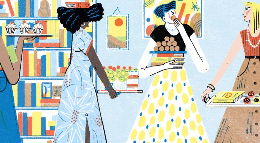 illustration of women at a book club carrying dessert trays